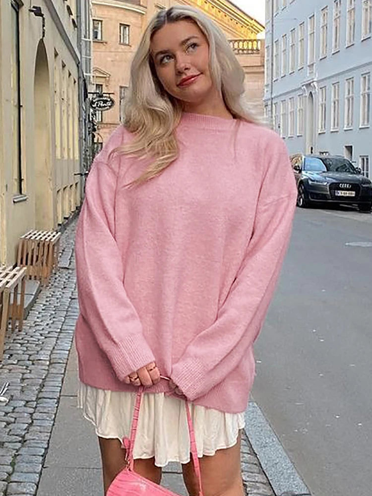 Aiertu - layered look inspo Knitted Round Neck Pullover Women Sweater Pink Long Sleeve Solid Casual Sweater Female Winter New Warm Loose Streetwear Aiertu