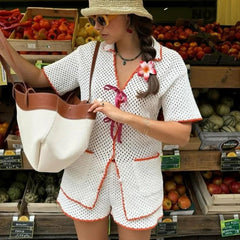 Aiertu - Knitted Hollow Out Crochet 2 Piece Set Women V Neck Short Sleeve Pocket Blouse+Shorts Summer Casual Fashion Vacation Shorts Sets Aiertu