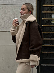 Aiertu - Vintage Plush Suede Zipper Jackets Women Casual Loose Lapel Brown Jacket Coats With Pockets Female Winter Warm Street Outwear Aiertu