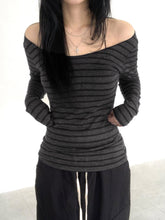 Aiertu - summer inspo Hot Japanese Basic Slim Long Sleeve Stripe Tee Off Shoulder O Neck Korean Street Style Spring Autumn Y2K Gray T Shirt Women Aiertu
