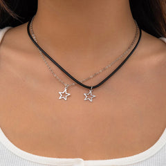 Aiertu Fashion Double Layered Black Bead Star Choker Necklace Punk Pentagram Leather Rope Necklaces For Women Girls Aiertu