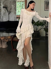 Aiertu - Y2K Sexy Solid Jacquard Party Dress for Women Layered Ruffles Slim Irregular Dresses Autumn Prom Robe Wedding Vestidos Mujer New Aiertu