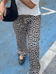 Aiertu Leopard Print Patchwork Straight Pants Elastic Waist Fashion Harajuku Trousers Aesthetic 2000s Casual Baggy Bottom Aiertu