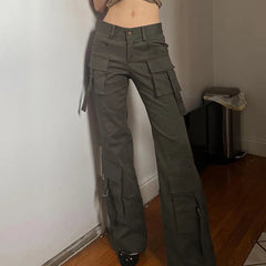 Aiertu - Grunge Style Women Y2K Jeans Low Rise Pocket with Buckle Cargo Pants Vintage Stylish Denim Trouser Fashion Streetwear Aiertu