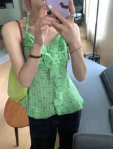 Aiertu Sweet Plaid Flower Print Halter Tanks Bandage Pleated Slim Waist Tunic Tank Tops Y2k Aesthetic Casual Backless Women Camisoles Aiertu