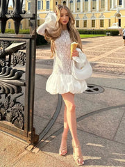 Aiertu - Women's Long Sleeve See-Through Lace Cake Dress Fashion Patchwork Folds Mini Dress Sexy Slim Hot Girl Club Party Clothing Aiertu