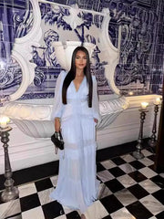 Aiertu - Elegant Hollow Lace Patchwork Ruffle Long Dress For Women Sexy Deep V-neck Lantern Sleeves Slim Maxi Dresses Female Party Robes Aiertu