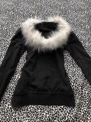 Aiertu - Solid Zip Up Letter Printed Fur Collar Hoodies Slim Fit Comfortable Simplicity Black Sweatshirts Warm Basic Version Tops Aiertu