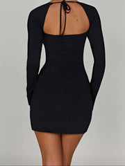 Aiertu - summer inspo Backless Lace-Up Slim Sexy Black Short Dress Women Square Collar Solid Split Elegant Basic Long Sleeve Baddie Clubwear Aiertu