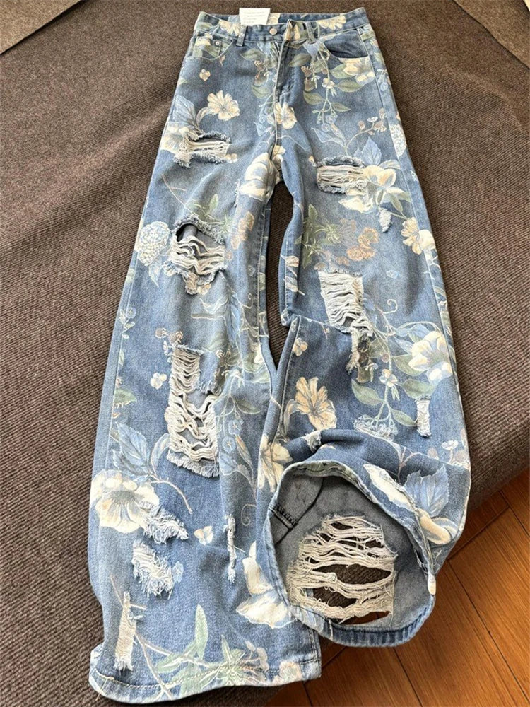 Aiertu - Women's Flower Print Design Distressed Jeans Young Girl Summer Thin Straight Bottoms Vintage Trousers Female Wide Leg Pants Aiertu