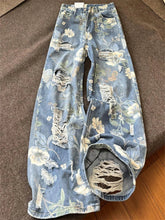 Aiertu - Women's Flower Print Design Distressed Jeans Young Girl Summer Thin Straight Bottoms Vintage Trousers Female Wide Leg Pants Aiertu