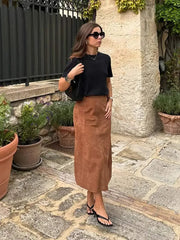 Aiertu - Women Elegant Suede Leather Midi Skirt Fashion High Waist Loose A-line Long Skirts 2026 Female High Street Commuting Casual Wear Aiertu
