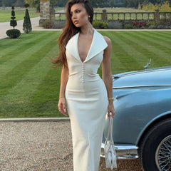 Aiertu - Sexy Halter Deep V Neck Sleeveless Maxi Dress Women Elegant Backless Split Bodycon Dresses Autumn Femme Fashion Vest Long Dress Aiertu