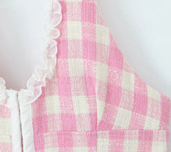 Aiertu - Sexy Gingham Pink Plaid Spliced Wood ears Lace Halter Dress Women V neck Slim Low Waist Swing Ball Gown Short Dresses Robe Aiertu