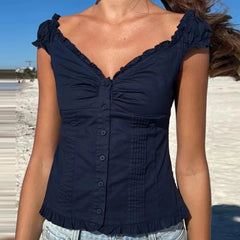 Aiertu Preppy Button Down Blouse Tops Y2k Vintage Cap Sleeve Women T-shirt 00s Aesthetic Fairy Frill V Neck Crop Tops Milkmaid Vest Aiertu