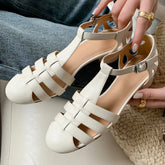Aiertu - Women's genuine leather narrow band braided t-strap sandals 4cm thick med heel round toe elegant ladies summer shoes plus size Aiertu