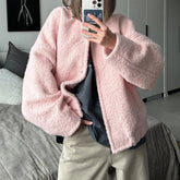 Aiertu - Casual Fashion Style Women's Pink Fleece Thick Warm Jackets Simple Elegant Stand Collar Long Sleeve Pockets Loose Fit Coats Aiertu