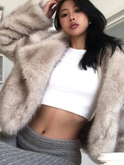 PICSGIRL - Elegant Solid Faux Fur Women Coat Full Sleeve Loose Lapel Lady Jacket Fashion Autumn Winter Warm Thicken Female Outwear Aiertu