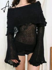 Aiertu Flipped Off Shoulder Sweater Women's Hollow Out Slash Neck Long Sleeve Slim Woollen Pullover Top Hottie Casual Streetwear Aiertu