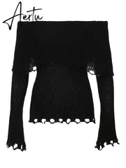 Absobe Flipped Off Shoulder Sweater Women's Hollow Out Slash Neck Long Sleeve Slim Woollen Pullover Top Hottie Casual Streetwear Aiertu