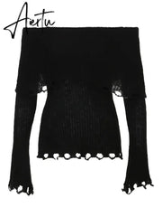Aiertu Flipped Off Shoulder Sweater Women's Hollow Out Slash Neck Long Sleeve Slim Woollen Pullover Top Hottie Casual Streetwear Aiertu