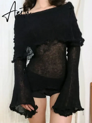 Aiertu Flipped Off Shoulder Sweater Women's Hollow Out Slash Neck Long Sleeve Slim Woollen Pullover Top Hottie Casual Streetwear Aiertu