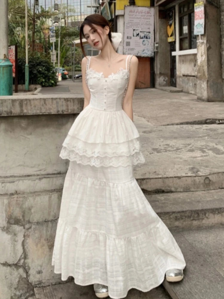Aiertu - White Dress Ladies Temperament Patchwork Lace Two-piece Suit Spring Summer 2025 New Elegant Princess Dress Simplicity Suit Aiertu
