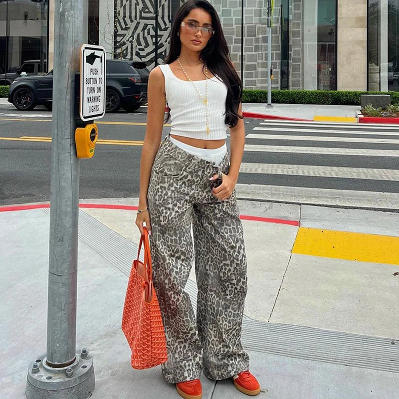 Aiertu - New Leopard Print Retro Straight Long Pants For Women Loose Slightly Flared Trousers Female Streetwear Club Party Pants Aiertu