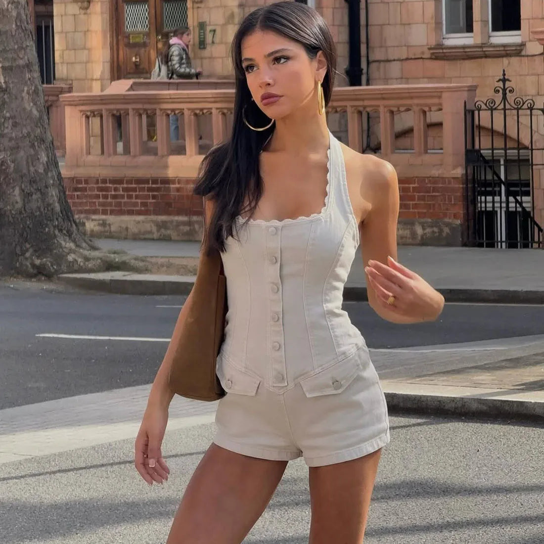Aiertu - Fashion Halter Backless Short Jumpsuit Street Wear Woman Summer Clothes 2025 Sexy Rompers One Piece Outfits P71-FD36 Aiertu