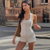 Aiertu - Fashion Halter Backless Short Jumpsuit Street Wear Woman Summer Clothes 2025 Sexy Rompers One Piece Outfits P71-FD36 Aiertu