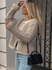 Aiertu - Elegant Lamb Wool Spliced Coats Women Casual O-neck Button Long Sleeve Female Jacket 2023 Autumn Winter Office Lady Commute Coat Aiertu