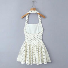 Aiertu - Backless Halter Polka Dot Dress For Women Plunge Bodycon Party Dress Sleeveless Elegant Chic MIni Pleated Dress A-line Aiertu