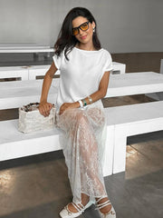 Aiertu - Lace Jacquard Transparent Long Skirt Women Elastic Waist White Hollow Out Sheer Midi Skirts Streetwear Sexy Elegant Faldas New Aiertu