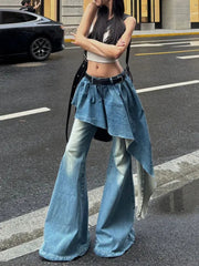 Aiertu - Y2K European and American Retro Washed Design Splicing Fake Two-piece Blue Jeans Women's Popular Loose Sexy Bell-bottom Pants Aiertu