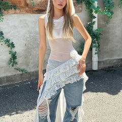 Aiertu - Ruffled Mesh Patchwork Lace Hooded Dress For Women Sexy Street Hottie Irregular Solid Color Frill Summer New Long Dress Aiertu