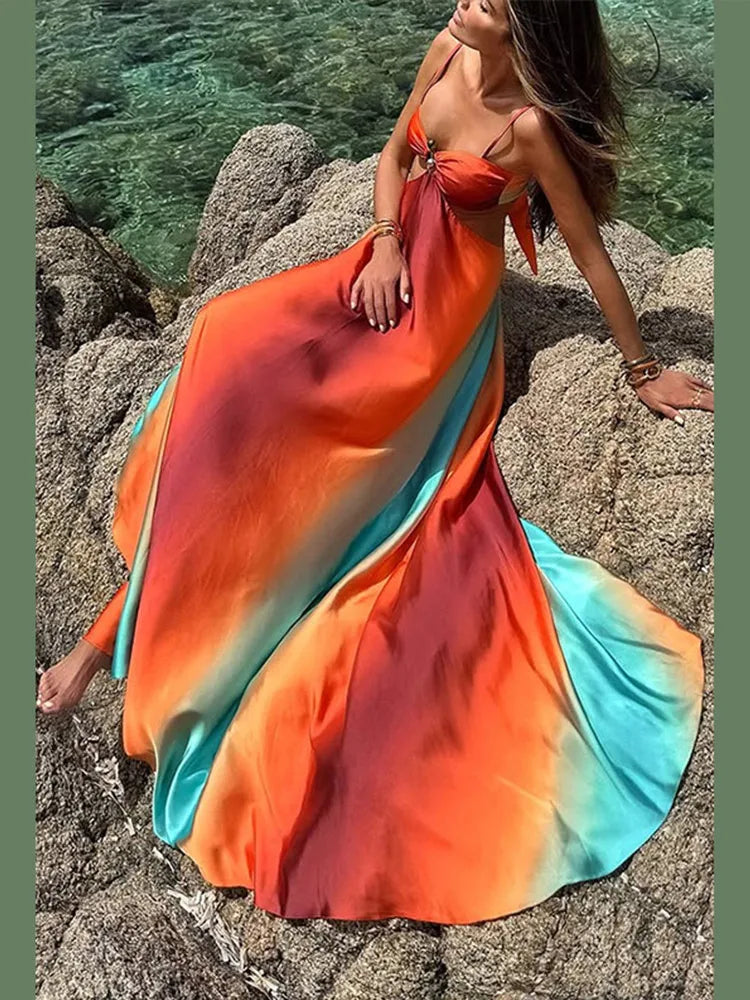 Aiertu - Fashion Panelled Dress Women Hollow Out Sling Backless A-line Floor-length Dresses Female 2025 Spring Summer Vacation Lady Robe Aiertu