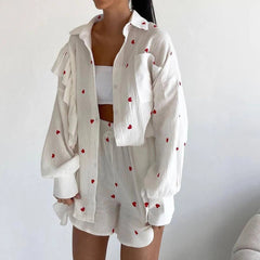 Aiertu - 2026 New Heart Printed Short Set Women Long Sleeve Pocket Ruffle Cardigan+Short Pants Sets Spring Summer Casual Chic 2 Piece Set Aiertu