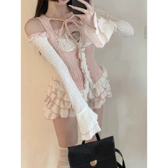 Aiertu - Sweet Japanese High Street Three Piece Sets Sexy Slim Hollow Out Lace Up Vest Slash Neck Patchwork Lace Top Y2k Tiered Skirts Aiertu
