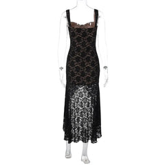 Aiertu - Women Fashion Sexy Black Camisole Lace Dress Spaghetti Straps Sleeveless Backless Asymmetrical Mixi Birthday Party Robe Clubwear Aiertu