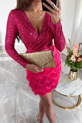 Aiertu - Sexy Solid Tassel Sequins V Neck Wrapped Skirt Dresses Aiertu