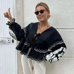 Aiertu - Casual Lace Up Women Embroidery Blouse V-neck Lantern Sleeve Blouse Wave Cut Eyelet Female Tops 2026 Spring Fashion Female Tops Aiertu