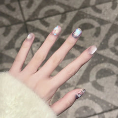 Aiertu - 10pcs Short Square Round Handmade Fake Nail Wearable Colorful Smudge Design False Nail Flower Bow Nails Simple Press on Nails Aiertu