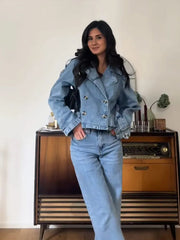 Aiertu - Fashion Denim Lapel Short Jacket For Women Chic Double Breasted Cropped Jackets Female 2025 Spring New Long Sleeve Street Tops Aiertu