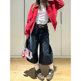 Aiertu - Blue Women's Retro Y2K 2000s Wide Leg Baggy Casual Denim Trouser High Waist Shorts Jeans 2025 Summer Harajuku Calf-Length Pants Aiertu
