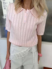 Aiertu - Knitted Hollow Out Solid T-shirt Women Buttons Turndown Collar Short Sleeve Tops T-shirts Summer Simple Casual Fashion Tee Shirt Aiertu