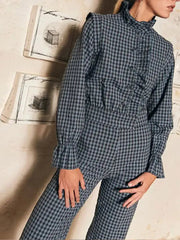 Aiertu - Elegant Plaid Ruffled Women Jumpsuit Long Sleeve Half High Collar Single-breasted Shirt Female Romper 2026 Pocket Straight Pants Aiertu
