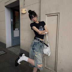 Aiertu - American high street design sense worn hole straight five-point jeans women's y2k new hiphop hip hop pants tide Aiertu