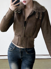 Aiertu - summer inspo Fashion Warm Chamois Women’s Jackets Long Sleeve Plus Velvet Faux Collar Zipper American Retro Thicked Coat Aiertu