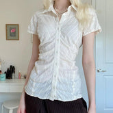 Aiertu - Fashion Chic Folds Summer Blouse Women Texture Stripe Buttons-Up Cardigan Shirt Korean French Tops Short Sleeve Basic Aiertu