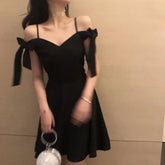 Aiertu - Korean Fashion New Summer Women Dress Retro Slash Neck Off The Shoulder Bow Tie High Waist Slim A Line Black Party Mini Dresses Aiertu
